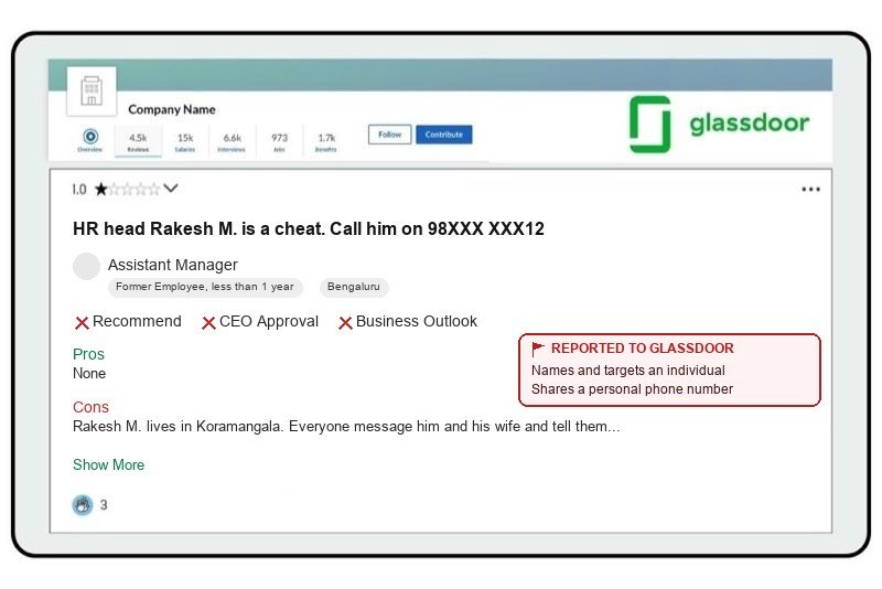 A Glassdoor review that names an individual and shares a phone number, reported under Glassdoor's Community Guidelines